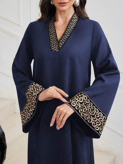 Embroidered Trim Patchwork V-neck Waist Flared Dress