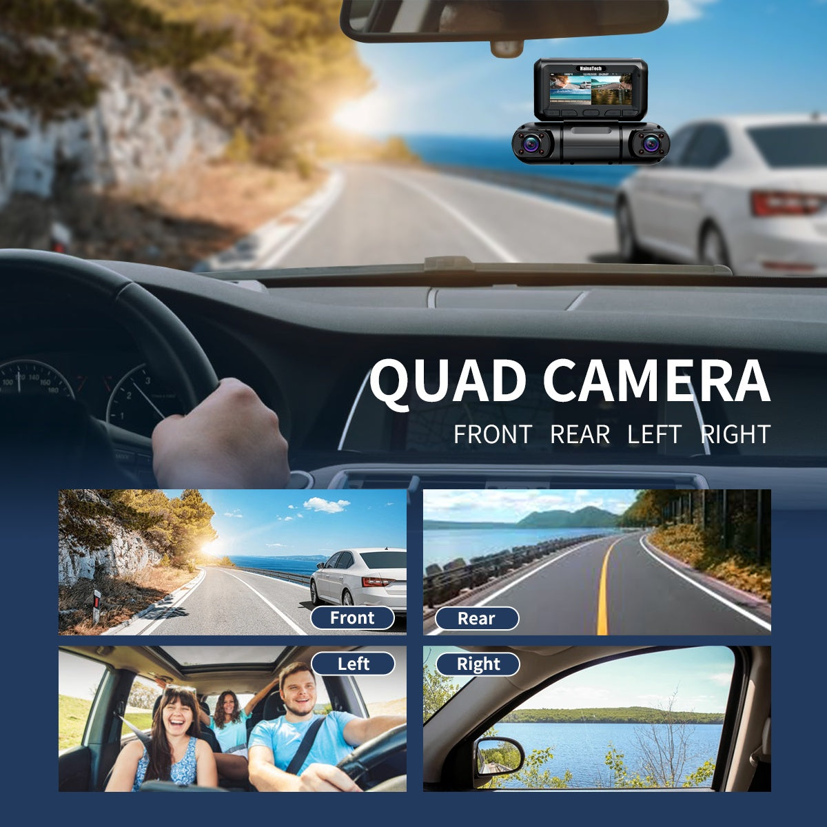 Hainatech Caméra Tableau de Bord 360° Full HD - 4 Canaux 1080P GPS WiFi + Carte 128G