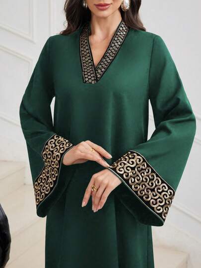 Embroidered Trim Patchwork V-neck Waist Flared Dress