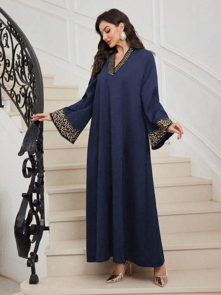 Embroidered Trim Patchwork V-neck Waist Flared Dress