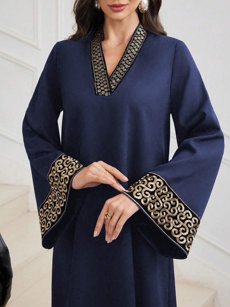 Embroidered Trim Patchwork V-neck Waist Flared Dress