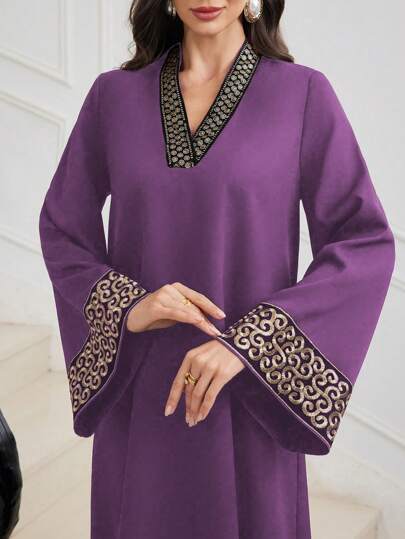 Embroidered Trim Patchwork V-neck Waist Flared Dress