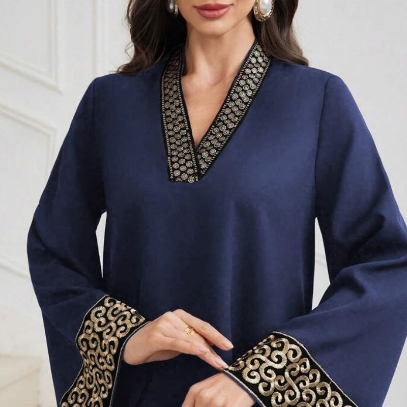 Embroidered Trim Patchwork V-neck Waist Flared Dress