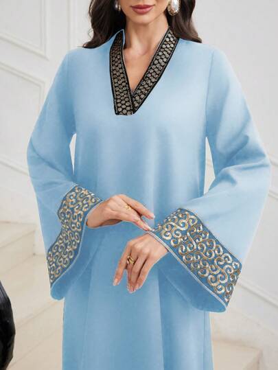 Embroidered Trim Patchwork V-neck Waist Flared Dress