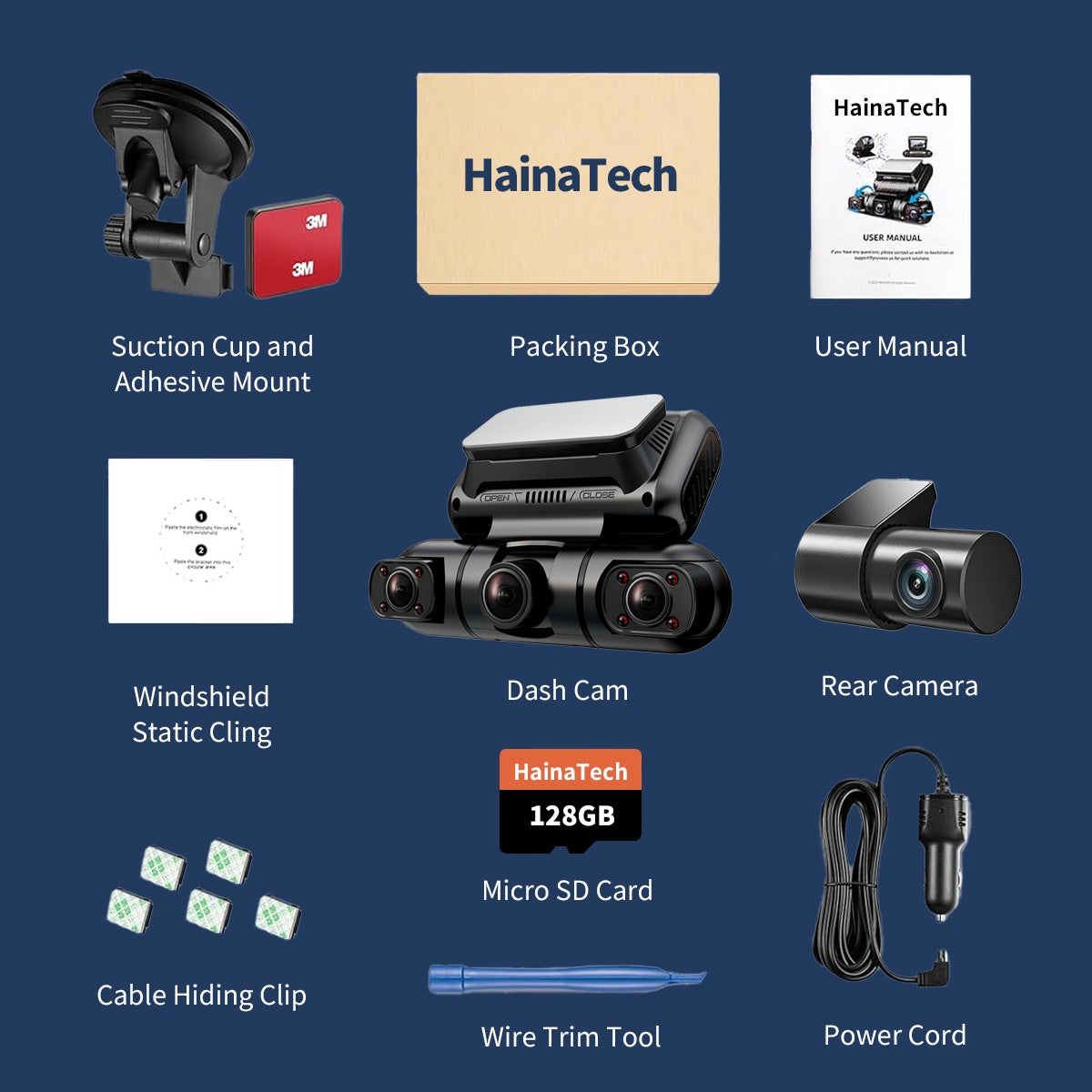 Hainatech Caméra Tableau de Bord 360° Full HD - 4 Canaux 1080P GPS WiFi + Carte 128G